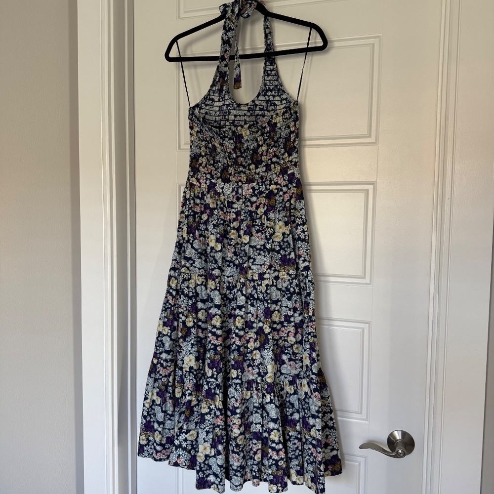 LES RÊVERIES Midi Dress Halter-Neck Floral Print Shirred Bodice 100% Cotton Sz 2 - Picture 10 of 14